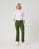 Daily Sports Flare Khakora Ankle Pants in olive khaki green – women's slim-fit flare leg golf pants with double button waistband and side zip pockets, front view