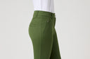 Daily Sports Flare Khakora Ankle Pants close-up of olive green waistband with double logo button closure, angled zip side pocket and back welt pocket detai