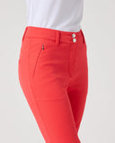 Daily Sports Flare Poppy Red Ankle Pants close-up of poppy red waistband with double silver logo button closure, angled zip side pocket and front seam detai