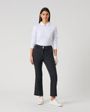 Daily Sports Flare Black Ankle Pants in black – women's slim-fit flare leg golf pants with double silver logo button waistband and zip side pockets, front view