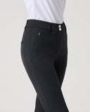 Daily Sports Flare Black Ankle Pants close-up of black waistband with double silver logo button closure, angled zip side pocket and front seam detail