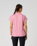 Daily Sports Sunny Geo Printed Air Cap Sleeve Polo in hot pink and white geometric grid print – women's cap sleeve golf polo showing all-over print back panel and relaxed boxy fit, back view on model styled with black trouser