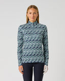 Daily Sports Flair Motion Printed Air Long Sleeve Top in navy and mint wave print – women's quarter-zip golf top, front view