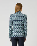 Daily Sports Flair Motion Printed Air Long Sleeve Top in navy and mint wave print – women's quarter-zip golf top, back view