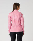 Daily Sports Sunny Geo Printed Air Long Sleeve Top in pink and white geometric check print – women's quarter-zip golf top, back view