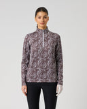 Women's zebra print long sleeve golf top with half zip and stand-up collar in brown and white – front view
