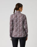 Women's zebra print quick dry long sleeve golf top with stretch fabric in brown and white – back view
