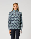 Women's navy blue wave motion print long sleeve golf top with half zip and stand-up collar – front view
