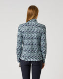 Women's navy blue flair motion print quick dry long sleeve golf top with stretch fabric – back view
