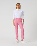 Daily Sports Magic Sunny Geo Print Straight Ankle Pants in pink and red geometric print – women's straight leg golf pants with single logo button waistband, front view
