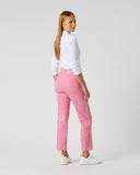 Daily Sports Magic Sunny Geo Print Straight Ankle Pants in pink and red geometric print – women's straight leg golf pants showing all-over geo pattern and ankle-length hem, back view