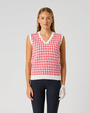 Daily Sports Sunny Geo Jacquard V-Neck Vest in white and pink-red geometric jacquard knit – women's sleeveless golf vest, front view