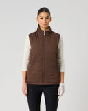 Women's reversible solid brown padded golf vest with full front zip and stand-up collar – solid side front view
