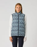 Women's reversible dark navy flair motion wave print padded golf vest with full zip and stand-up collar – printed side front view
