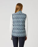 Women's reversible dark navy flair motion wave print padded golf vest – printed side back view
