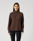 Women's brown ribbed wool blend golf pullover with half zip and high collar – front view
