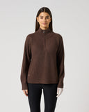Women's brown ribbed wool blend golf pullover with half zip and high collar – front view
