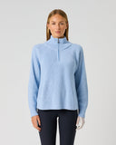 Women's light blue ribbed wool blend golf pullover with half zip and high collar – front view
