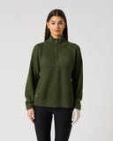 Women's khaki green ribbed wool blend golf pullover with half zip and high collar – front view
