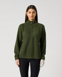 Women's khaki green ribbed wool blend golf pullover with half zip and high collar – front view
