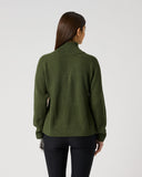 Women's khaki green structured ribbed knit golf pullover with relaxed fit and geometric rib pattern – back view
