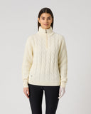 Daily Sports Ivory Cable Pullover Unlined in cream ivory – women's chunky cable-knit quarter-zip golf sweater with ribbed sleeves and stand collar, front view