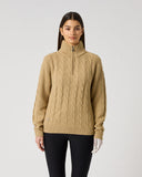 Daily Sports Bark Cable Pullover Lined in warm camel tan – women's chunky cable-knit quarter-zip golf sweater with ribbed sleeves and stand collar, front view