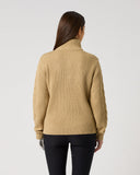 Daily Sports Bark Cable Pullover Unlined in warm camel tan – women's chunky cable-knit quarter-zip golf sweater showing ribbed back panel and relaxed fit, back view