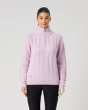Daily Sports Pink Cable Pullover Unlined in soft lilac pink – women's chunky cable-knit quarter-zip golf sweater with ribbed sleeves and stand collar, front view