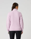 Daily Sports Pink Cable Pullover Unlined in soft lilac pink – women's chunky cable-knit quarter-zip golf sweater showing ribbed back panel and relaxed fit, back view