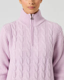 Daily Sports Pink Cable Pullover Unlined close-up of soft lilac pink cable-knit pattern with quarter-zip ribbed stand collar and silver logo zipper pull detail