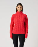Daily Sports Poppy Red Cable Pullover Unlined in bold poppy red – women's chunky cable-knit quarter-zip golf sweater with ribbed sleeves and stand collar, front view