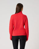 Daily Sports Poppy Red Cable Pullover Unlined in bold poppy red – women's chunky cable-knit quarter-zip golf sweater showing ribbed back panel and tailored fit, back view