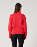Daily Sports Poppy Red Cable Pullover Lined in bold poppy red – women's chunky cable-knit quarter-zip golf sweater showing ribbed back panel and tailored fit, back view