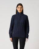 Daily Sports Dark Navy Cable Pullover Unlined in deep navy – women's chunky cable-knit quarter-zip golf sweater with ribbed sleeves and stand collar, front view
