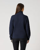 Daily Sports Dark Navy Cable Pullover Unlined in deep navy – women's chunky cable-knit quarter-zip golf sweater showing ribbed back panel and relaxed fit, back view