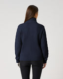 Daily Sports Dark Navy Cable Pullover Lined in deep navy – women's chunky cable-knit quarter-zip golf sweater showing ribbed back panel and relaxed fit, back view