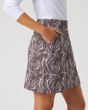 Daily Sports Dull Zebra Printed Skort close-up of muted brown and white abstract zebra swirl print with angled side pocket and high elasticated waistband detail, side view