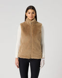 Women's camel teddy faux fur golf vest with two-way zip and high stand-up collar – front view
