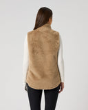 Women's camel teddy faux fur golf vest with relaxed fit and plush synthetic fur texture – back view
