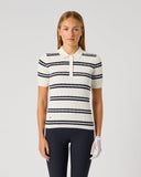 Daily Sports Women's White and Navy Stripe Cable-Knit Cotton Cashmere Golf Polo Shirt – Front View

