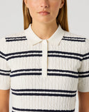 Daily Sports Madelene White Navy Stripe Golf Polo – Cable-Knit Cotton Cashmere Texture, Horizontal Stripe Pattern and Polo Collar Detail


