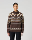 Women's brown Fair Isle jacquard half zip wool blend golf pullover with cream and tan geometric pattern – front view
