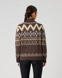 Women's brown Fair Isle jacquard half zip golf pullover with allover geometric knit pattern – back view
