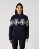 Daily Sports Women's Dark Navy Jacquard Half-Zip Golf Pullover Sweater – Lined - Front View


