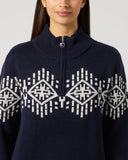 Daily Sports Dark Navy Pullover – Geometric Diamond Jacquard Knit and Half-Zip Detail Lined

