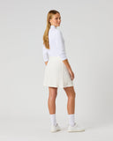 Daily Sports Madelene White Cable Knit Skort in cream ivory – women's cable-knit pleated golf skort showing clean back panel and flared hem, full length back view on model