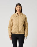 Women's camel quilted bomber golf jacket with full zip, polo collar, and ribbed hem – front view

