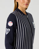 Daily Sports Dark Navy Stripe Knit Golf Jacket – Golf Club Patch and Heart Logo Badge Detail

