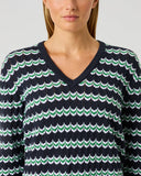 Daily Sports Wave Sweater – Navy, Green and White Scallop Jacquard Knit and V-Neck Detail

